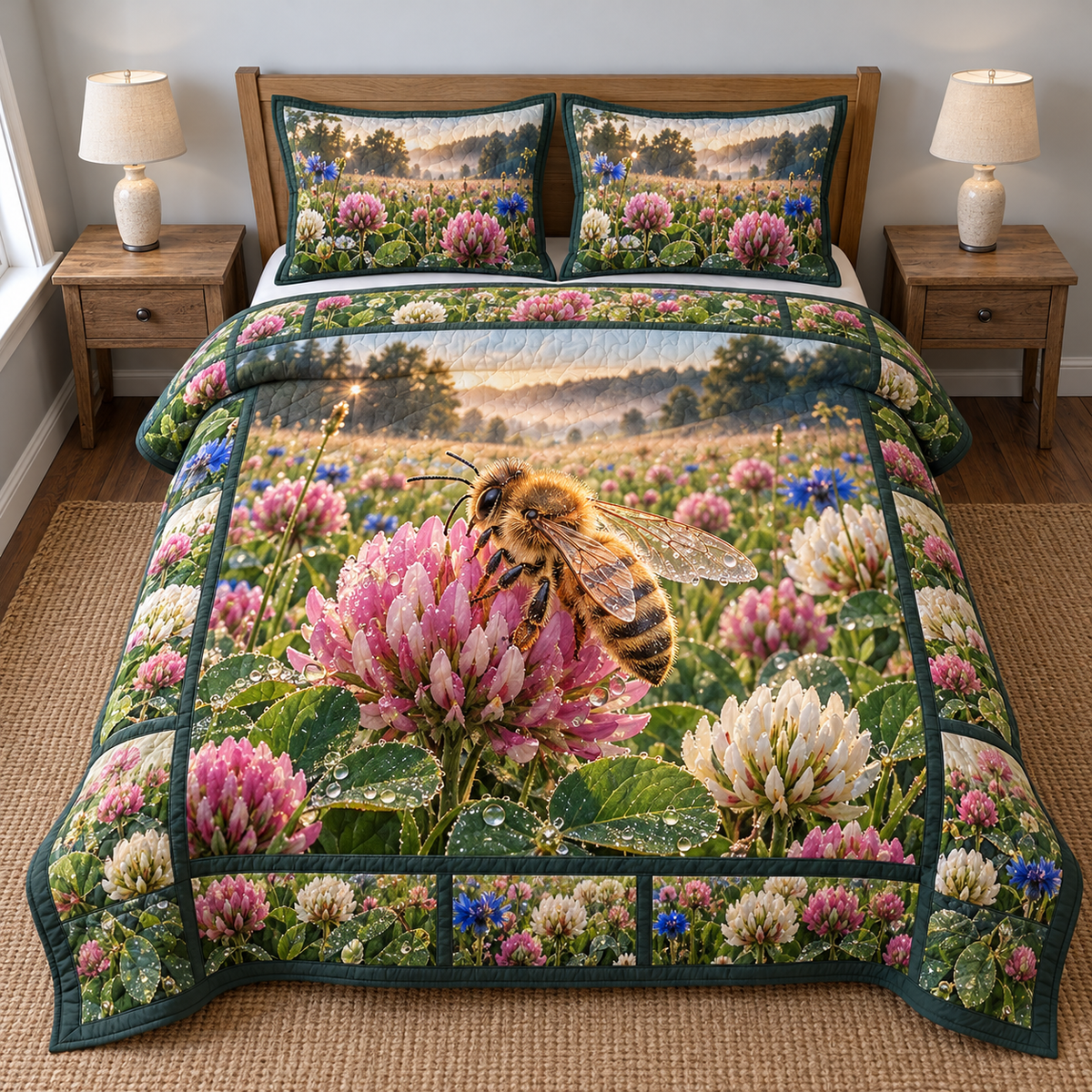 Honeybee Clover Dew Meadow Quilted Bedding Set. Flat printed honeybee on pink clover in a dew-lit meadow.
