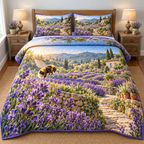 Bumblebee Lavender Terrace Quilted Bedding Set. Flat printed side-flight bumblebee, lavender and terraced stone garden path.