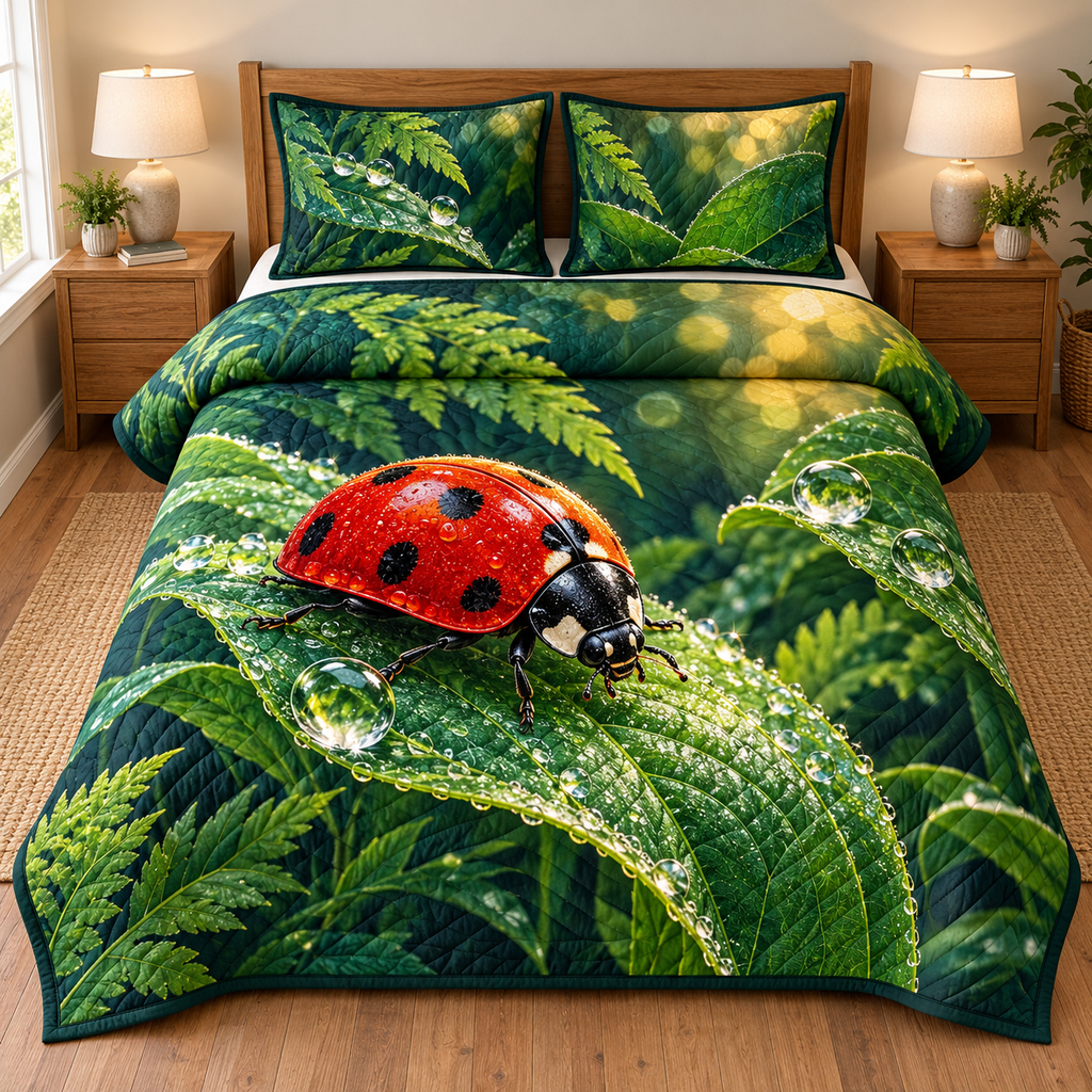 Ladybug Dew Leaf Garden Quilted Bedding Set with flat printed red ladybug, emerald leaves and transparent dew.