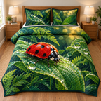 Ladybug Dew Leaf Garden Quilted Bedding Set with flat printed red ladybug, emerald leaves and transparent dew.
