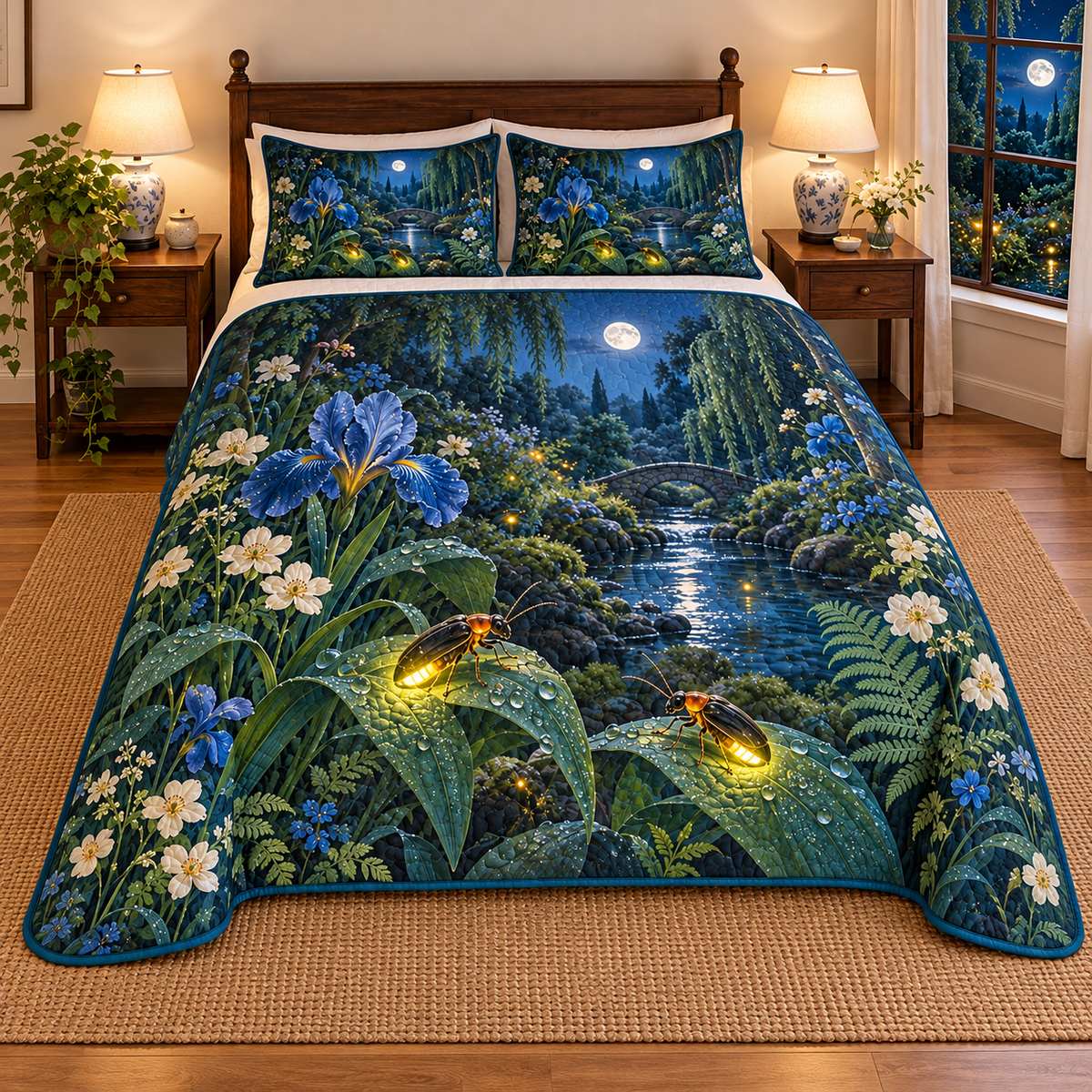 Two fireflies on dew leaves in a moonlit iris stream garden, flat printed on one quilt and two matching shams.
