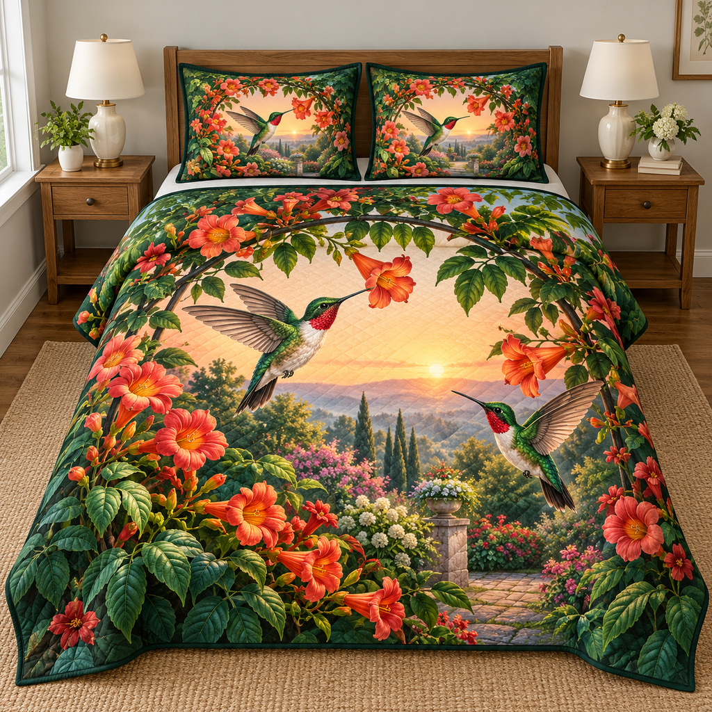 Hummingbird Trumpet Arch 3-Piece Quilted Bedding Set. Flat printed optical depth; one quilt and two shams.