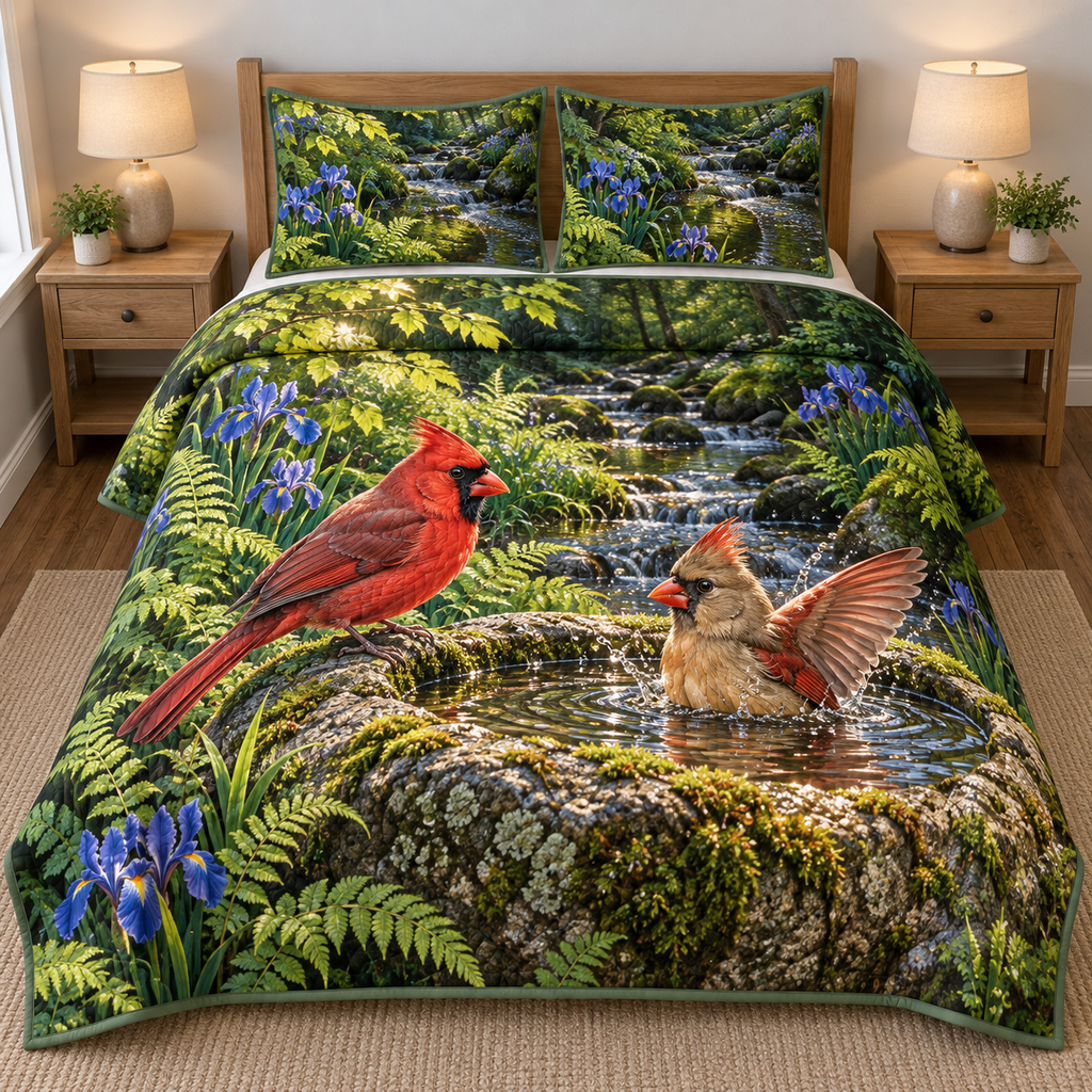 Cardinal Boulder Bath Woodland Quilted Bedding Set. Flat printed male and bathing female cardinals at a mossy boulder basin with irises and woodland stream.