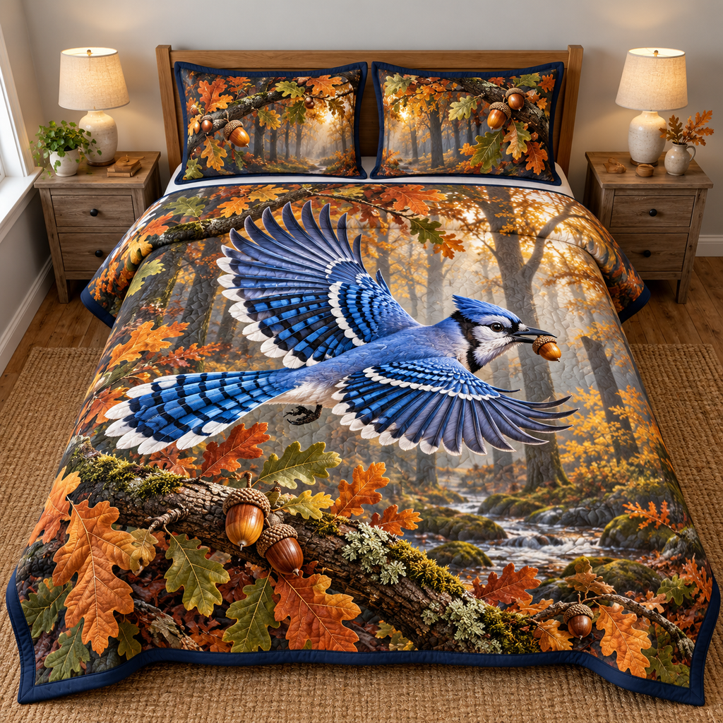 Blue Jay Acorn Flight Quilted Bedding Set with flat printed flying blue jay, acorn and layered autumn oak woodland.