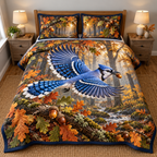 Blue Jay Acorn Flight Quilted Bedding Set with flat printed flying blue jay, acorn and layered autumn oak woodland.