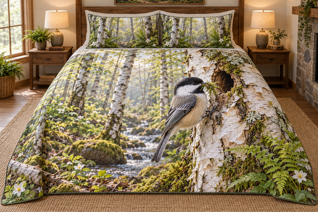 Chickadee Birch Nest Builder Quilted Bedding Set with flat printed moss-carrying chickadee beside a birch nest cavity and layered woodland.