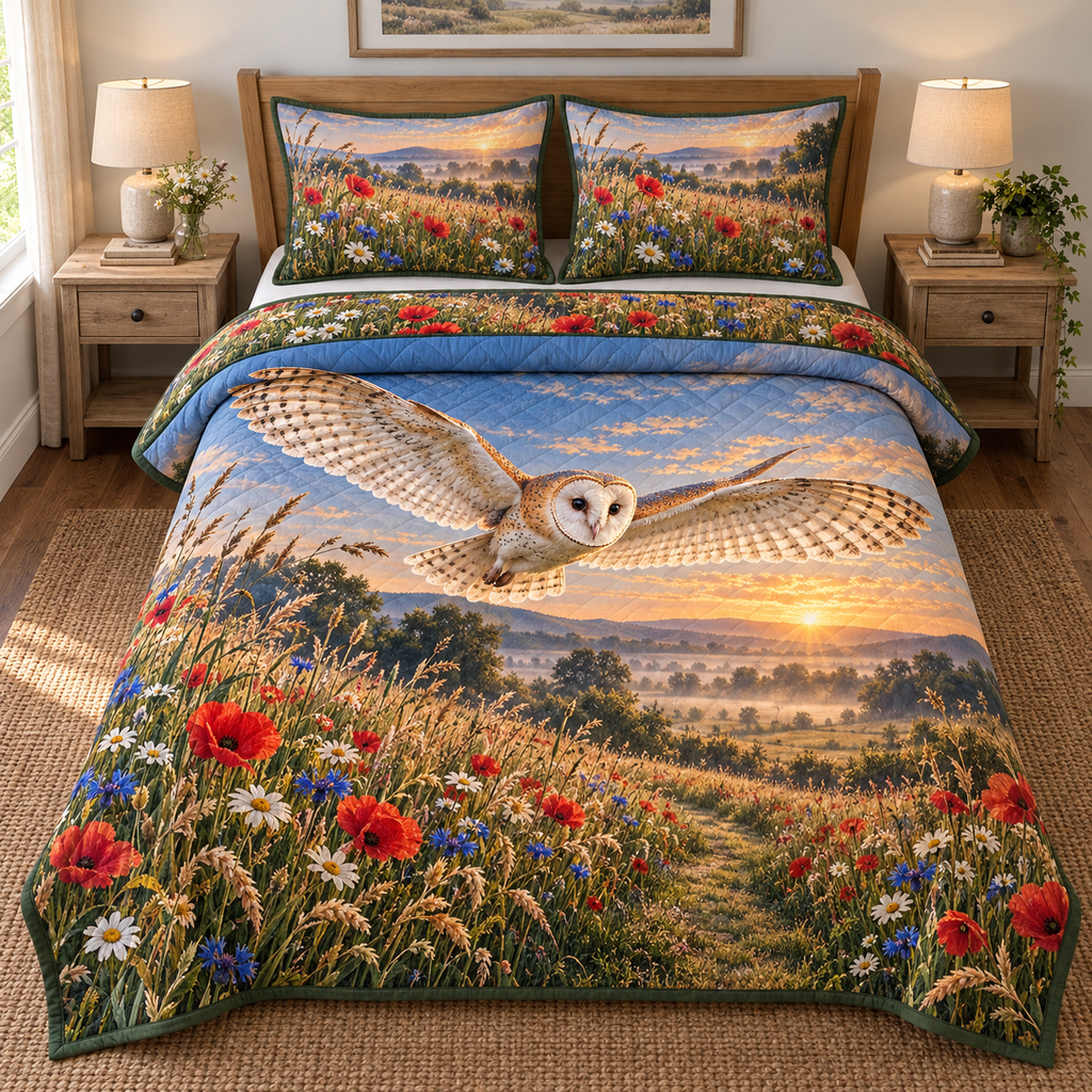 Barn Owl Dawn Meadow Flight Quilted Bedding Set. Flat printed barn owl gliding above poppy and daisy meadow.