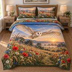 Barn Owl Dawn Meadow Flight Quilted Bedding Set. Flat printed barn owl gliding above poppy and daisy meadow.