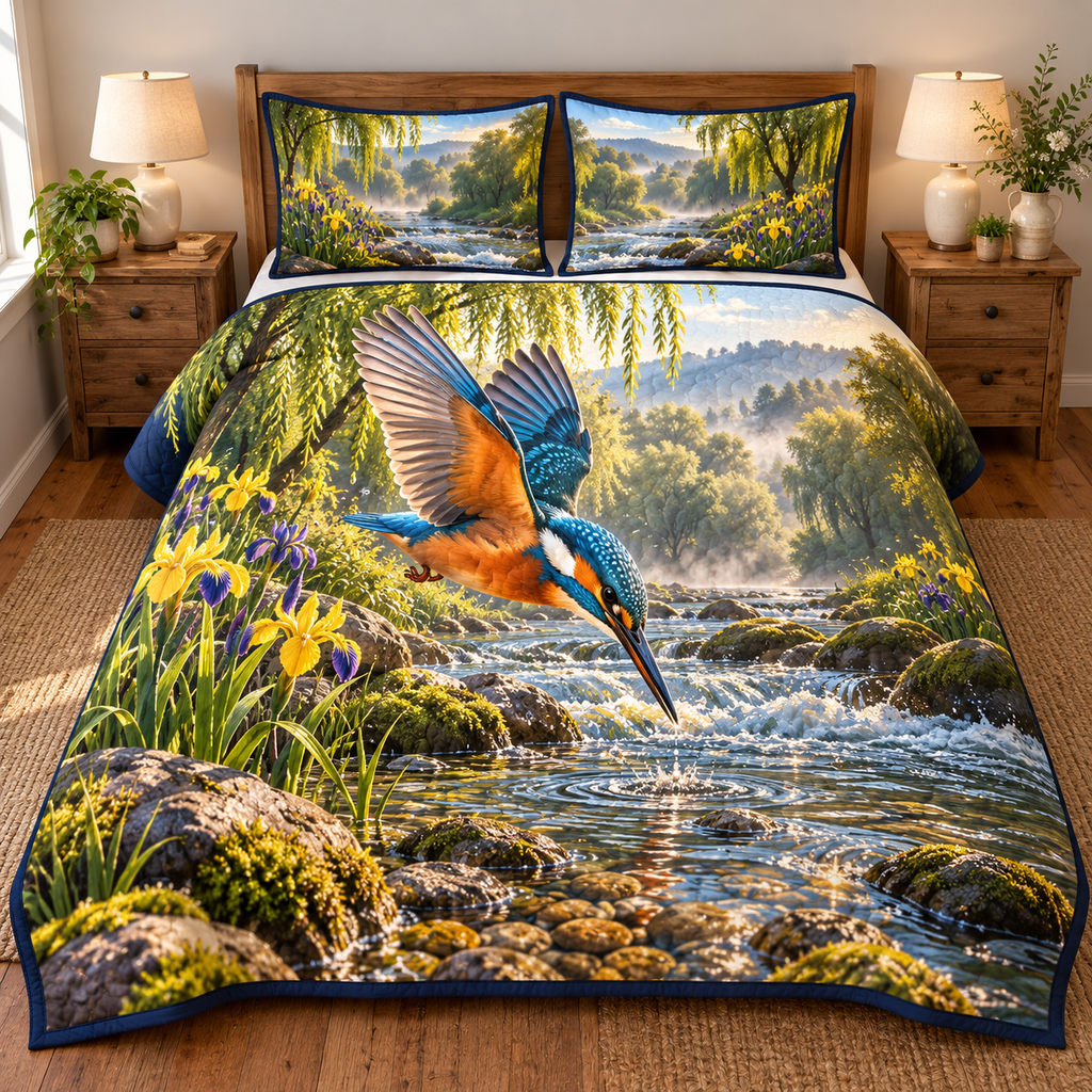 Kingfisher River Dive Quilted Bedding Set with flat printed diving blue-orange bird above a clear willow river and iris banks.