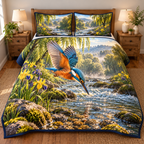 Kingfisher River Dive Quilted Bedding Set with flat printed diving blue-orange bird above a clear willow river and iris banks.