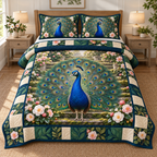 Peacock Camellia Garden Fan Quilted Bedding Set. Flat printed standing peacock display fan among camellias and mossy steps.