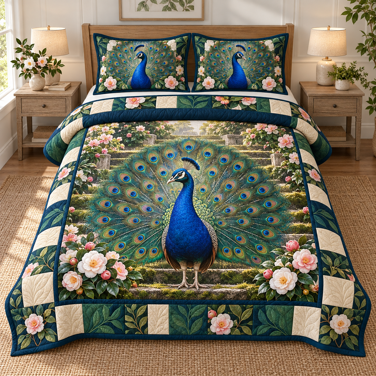 Peacock Camellia Garden Fan Quilted Bedding Set. Flat printed standing peacock display fan among camellias and mossy steps.
