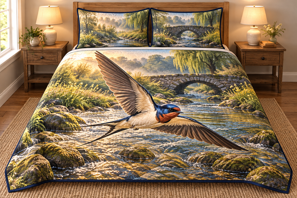 Barn Swallow Stream Flight Quilted Bedding Set with a flat printed barn swallow above a stream, mossy stones and arched bridge.