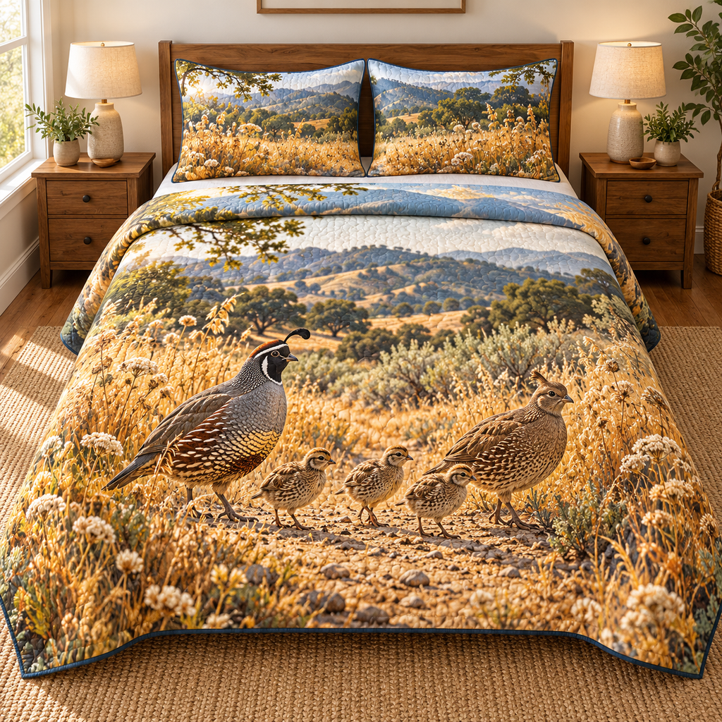 Quail Family Oak Meadow Quilted Bedding Set. Flat printed two adult quail and three chicks on sunlit meadow path.