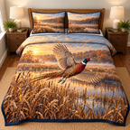 Pheasant Flight Reed Marsh Quilted Bedding Set. Flat printed single pheasant with two spread wings and long barred tail over reed marsh.