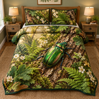 Emerald Beetle Fern Study Quilted Bedding Set with flat printed green beetle on textured oak bark and ferns.