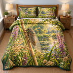 Cicada Reed Summer Pond Quilted Bedding Set with flat printed cicada, veined folded wings, grasses and layered pond.