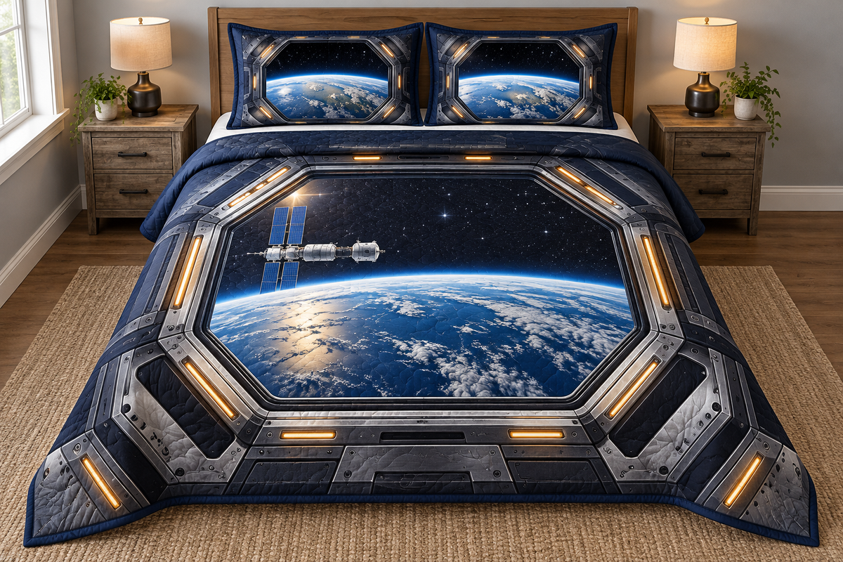 Earth Orbit Observation Window Quilted Bedding Set with flat printed octagonal spacecraft frame, blue Earth horizon and solar panel.