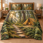 Cedar Tent Lantern Trail 3-Piece Quilted Bedding Set. Flat printed forest campsite landscape on one quilt and two matching shams.