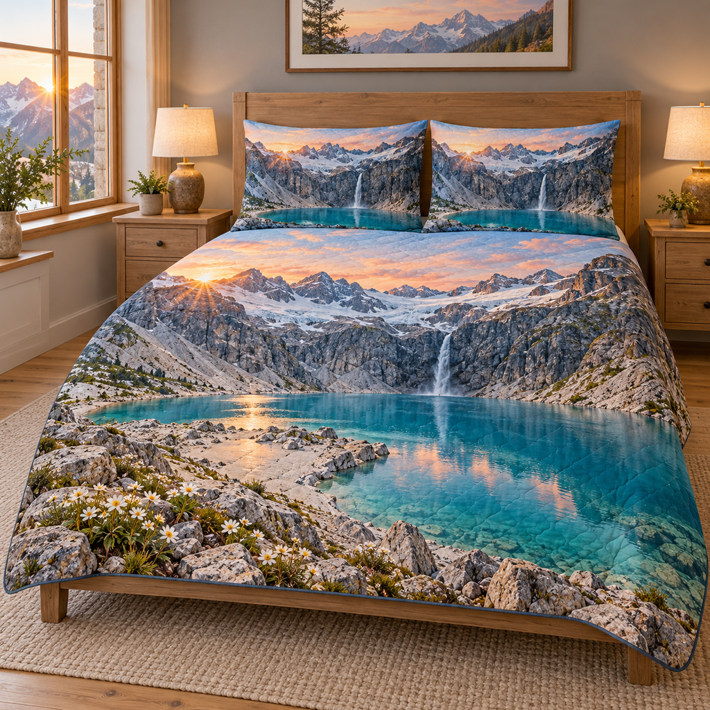Alpine Cirque Lake quilt with two matching shams: turquoise water, rocky peninsula, white flowers, glacial cliffs, waterfall and peach sunrise; flat printed optical depth.