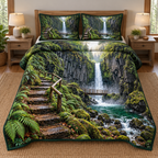 Basalt Gorge Waterfall Trail Quilted Bedding Set. Flat printed basalt gorge, waterfall, fern stair trail and timber-railed walkway.