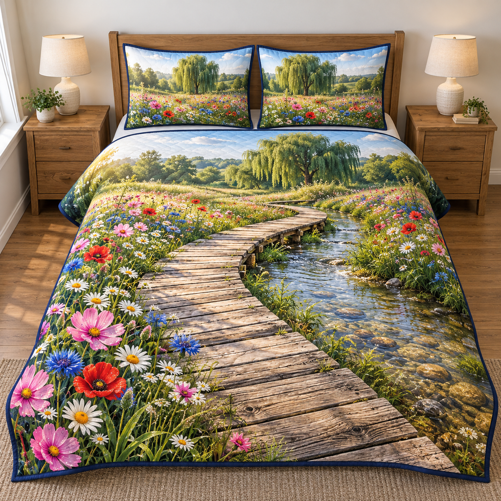Wildflower Brook Boardwalk Quilted Bedding Set. Flat printed curved wooden boardwalk, transparent brook, wildflowers and willow meadow.