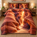 Sunset Sandstone Passage Quilted Bedding Set with flat printed layered canyon walls and illuminated sandy passage.