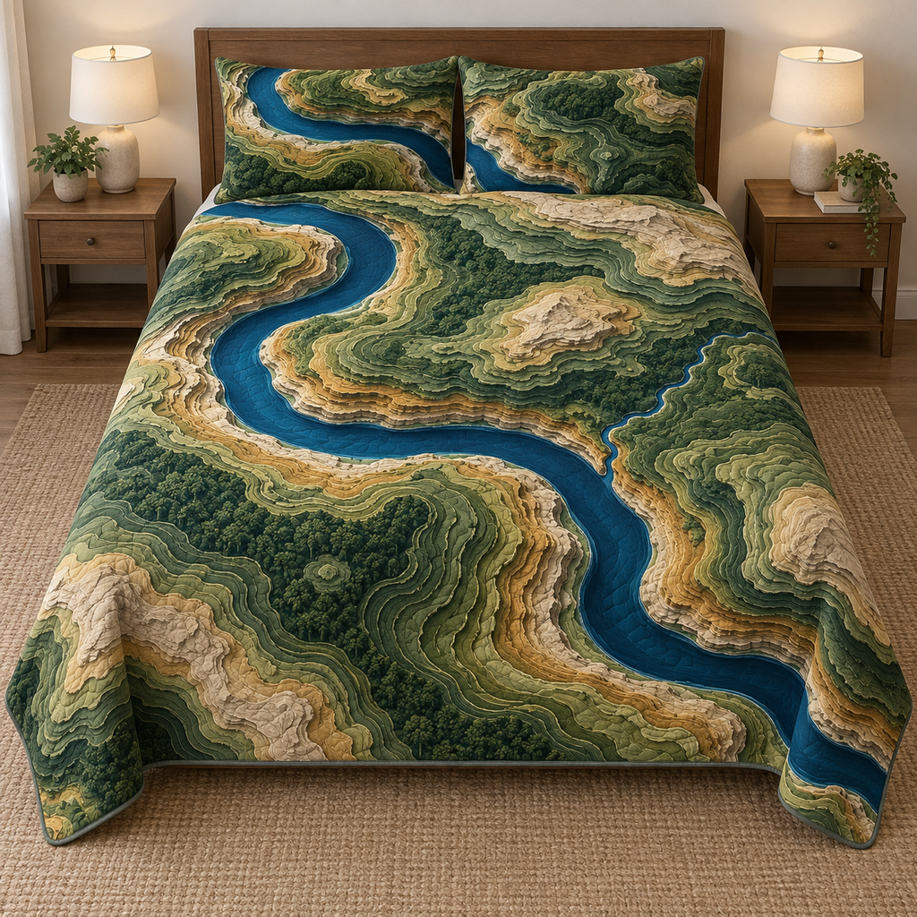 Full thin quilt and two shams with fictional blue river meander and layered green sandstone contour terrain, flat printed relief