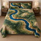 Full thin quilt and two shams with fictional blue river meander and layered green sandstone contour terrain, flat printed relief