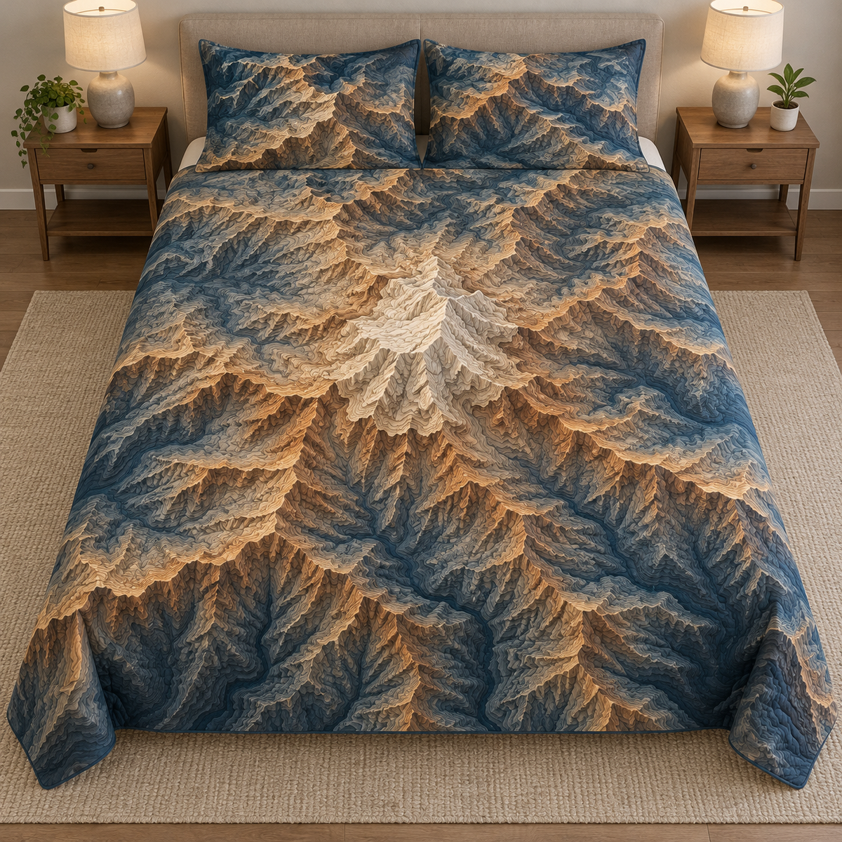 Full thin quilt and two shams with fictional ivory mountain summit, copper ridges and slate-blue contour valleys, flat printed relief