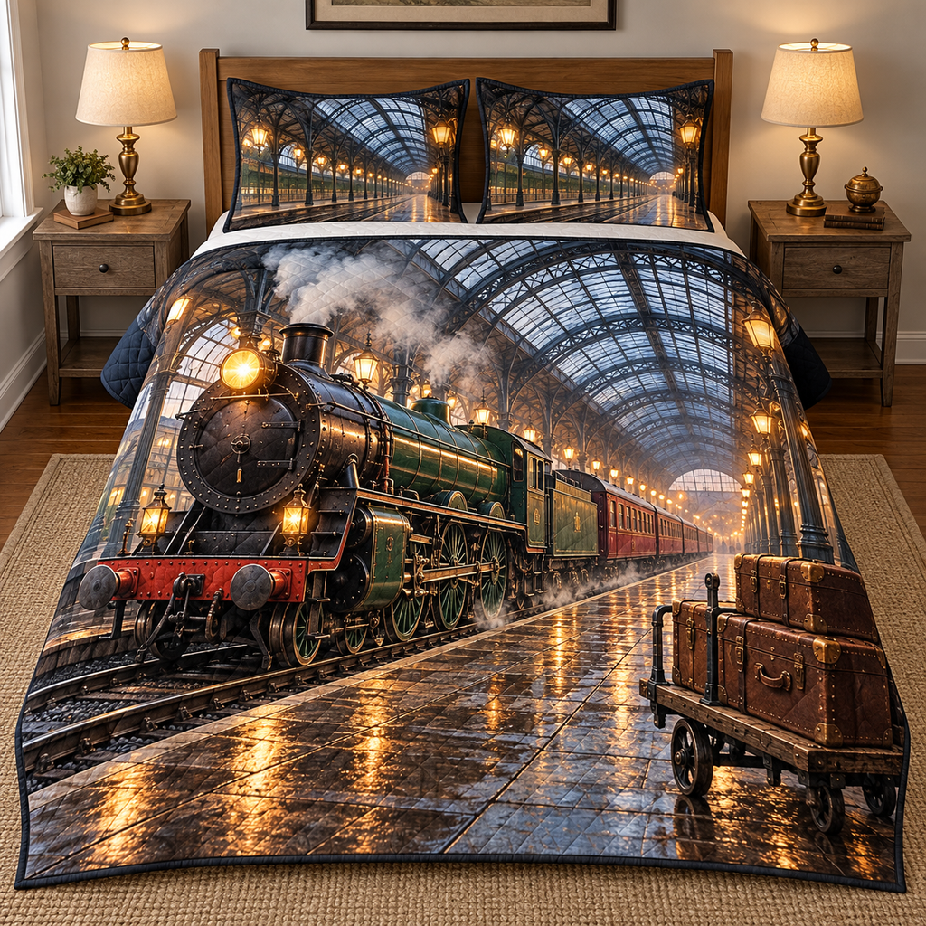 Glass Canopy Steam Departure Quilted Bedding Set. Flat printed steam locomotive, luggage trolley and deep iron-glass station canopy.