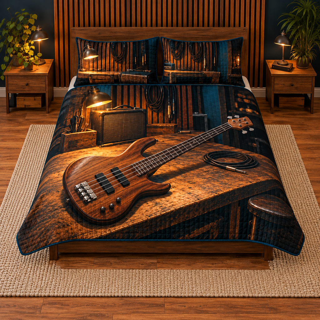 Full quilt and two studio-scene shams with one walnut four-string bass on workbench, flat printed optical depth