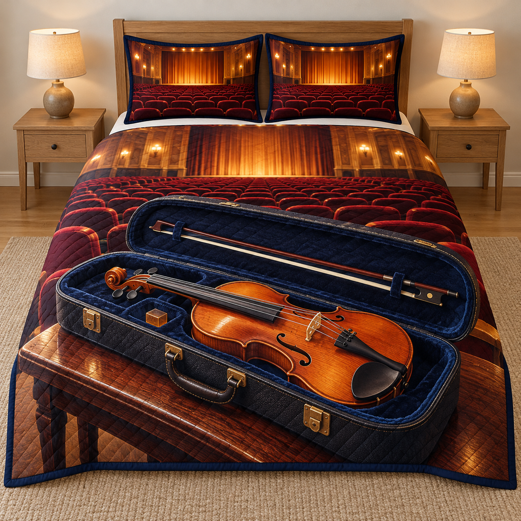 Amber Violin Concert Hall Quilted Bedding Set. Flat printed amber violin in open navy velvet case, bow and receding empty concert hall.