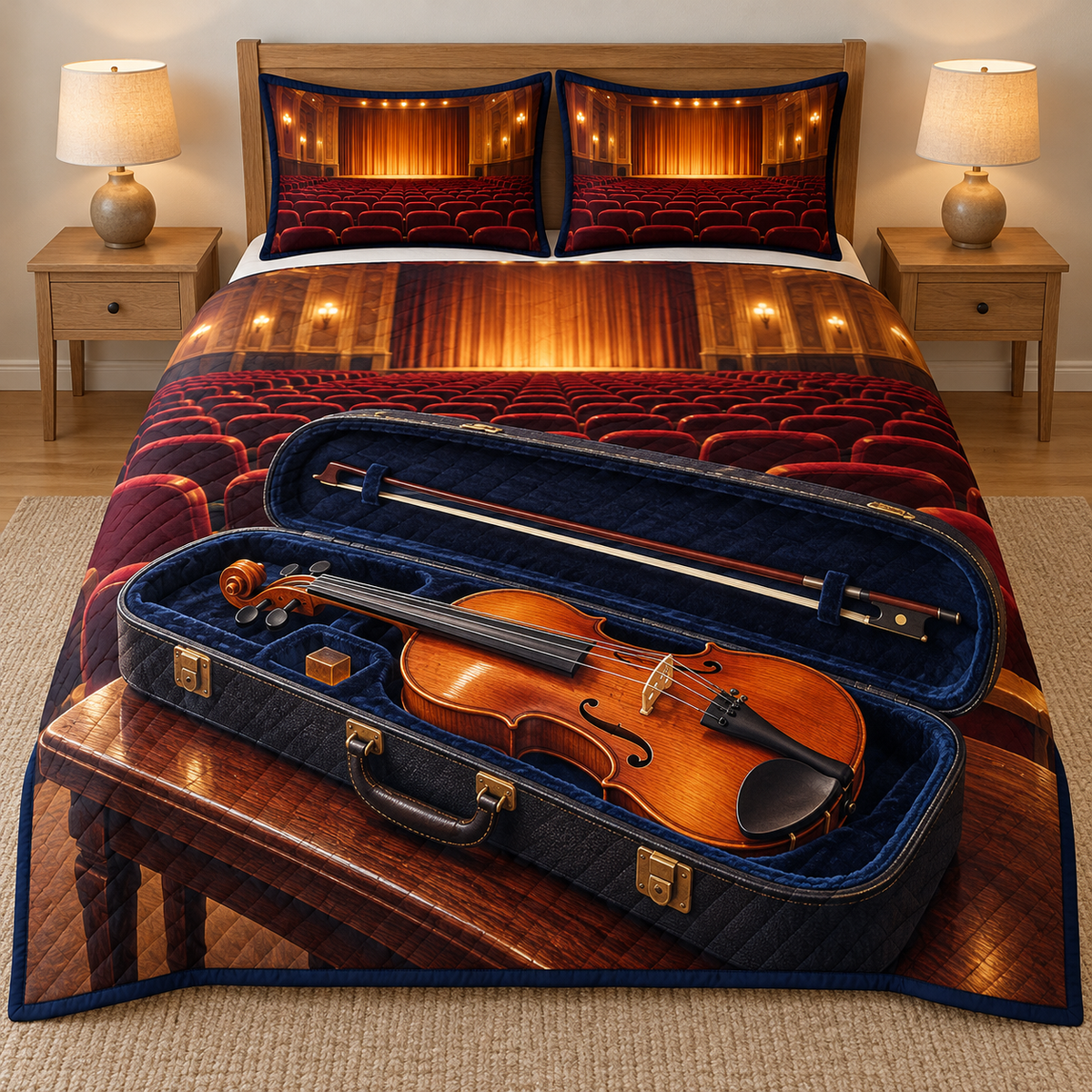 Amber Violin Concert Hall Quilted Bedding Set. Flat printed amber violin in open navy velvet case, bow and receding empty concert hall.