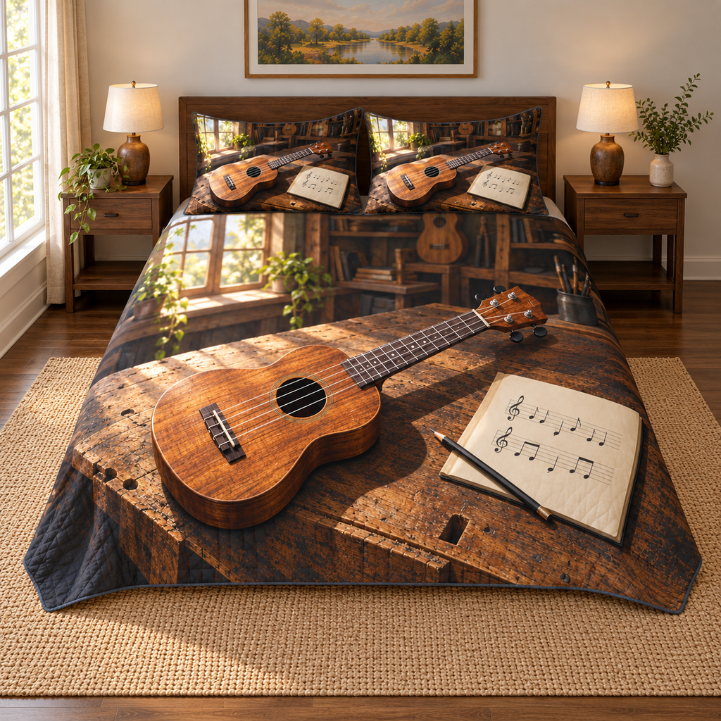 Thin quilt and two shams with a printed four-string ukulele and music notebook on a walnut workbench