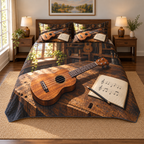 Thin quilt and two shams with a printed four-string ukulele and music notebook on a walnut workbench