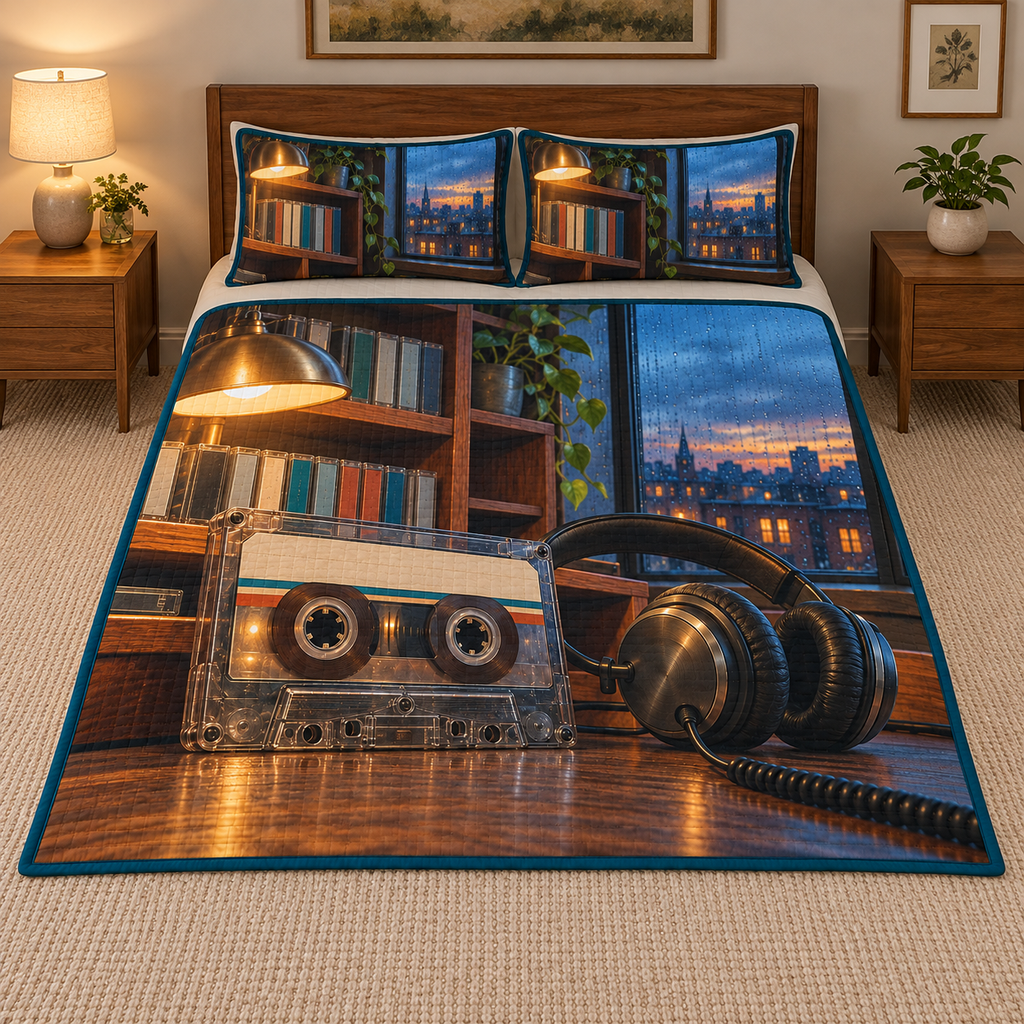 Cassette and Headphones Twilight Quilted Bedding Set showing flat printed clear cassette, two tape reels and one pair of headphones on a walnut desk.