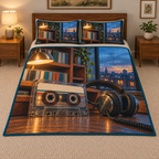 Cassette and Headphones Twilight Quilted Bedding Set showing flat printed clear cassette, two tape reels and one pair of headphones on a walnut desk.