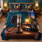 Thin quilt and two matching shams with flat printed microphone, pop filter, audio interface and headphones on a recording desk
