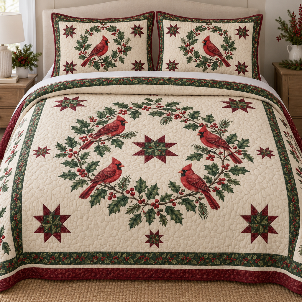 Quilt and two shams with four red cardinals around a holly wreath and central patchwork star, visible meandering quilting