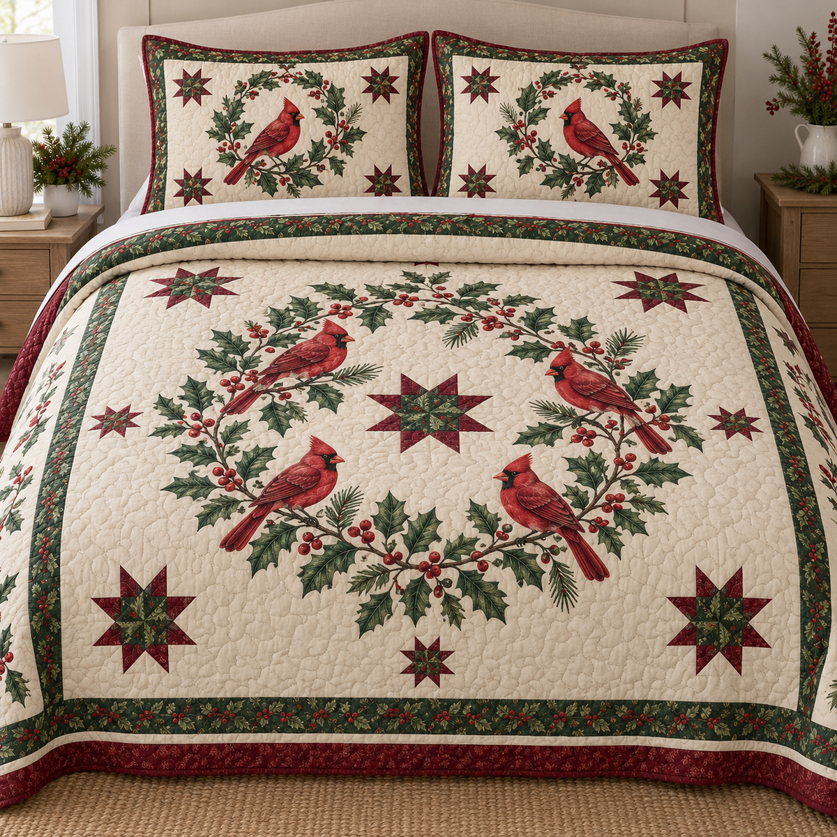 Quilt and two shams with four red cardinals around a holly wreath and central patchwork star, visible meandering quilting