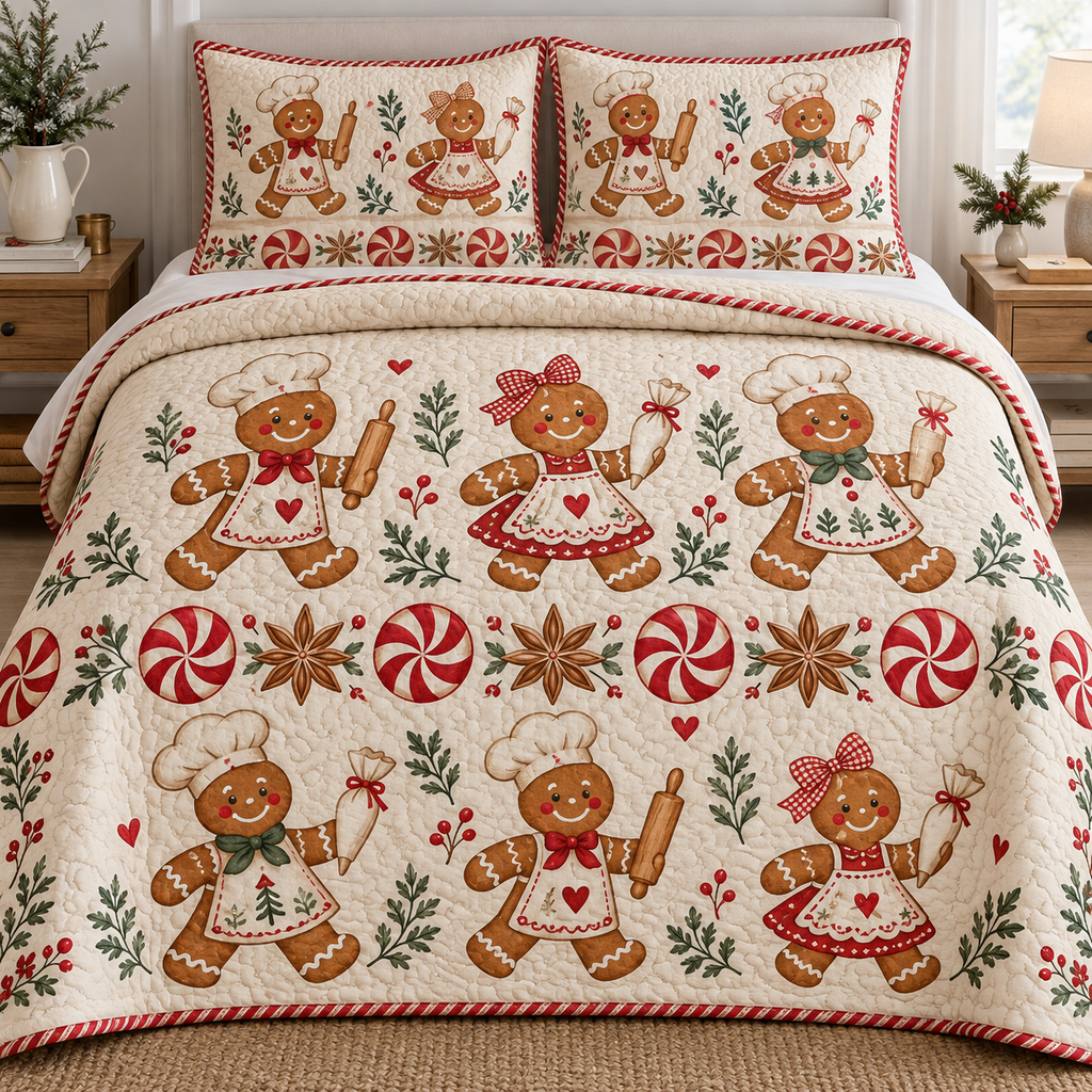 One quilt and two shams with illustrated gingerbread bakers, peppermint rosettes and visible meandering quilting
