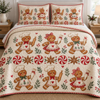 One quilt and two shams with illustrated gingerbread bakers, peppermint rosettes and visible meandering quilting