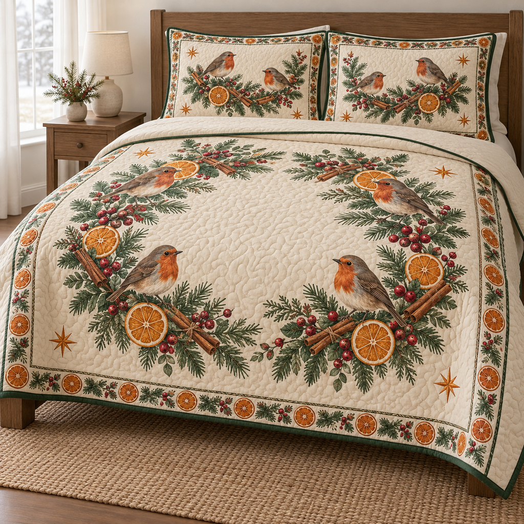 One lightweight quilt and two shams with four printed robins, orange-slice evergreen garland, forest green binding and visible meandering quilting