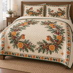 One lightweight quilt and two shams with four printed robins, orange-slice evergreen garland, forest green binding and visible meandering quilting