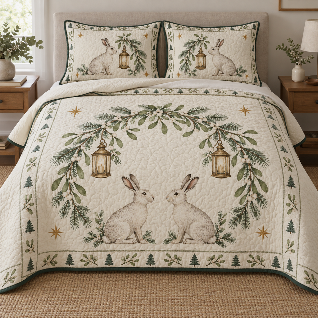One lightweight quilt and two shams with printed winter hares, mistletoe arch and lanterns, green binding and visible meandering quilting
