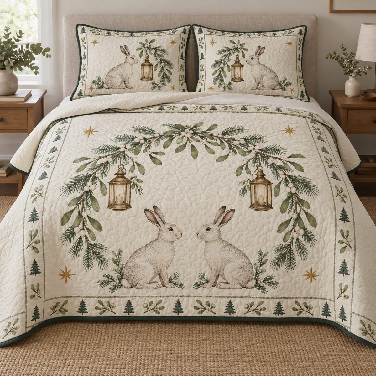 One lightweight quilt and two shams with printed winter hares, mistletoe arch and lanterns, green binding and visible meandering quilting