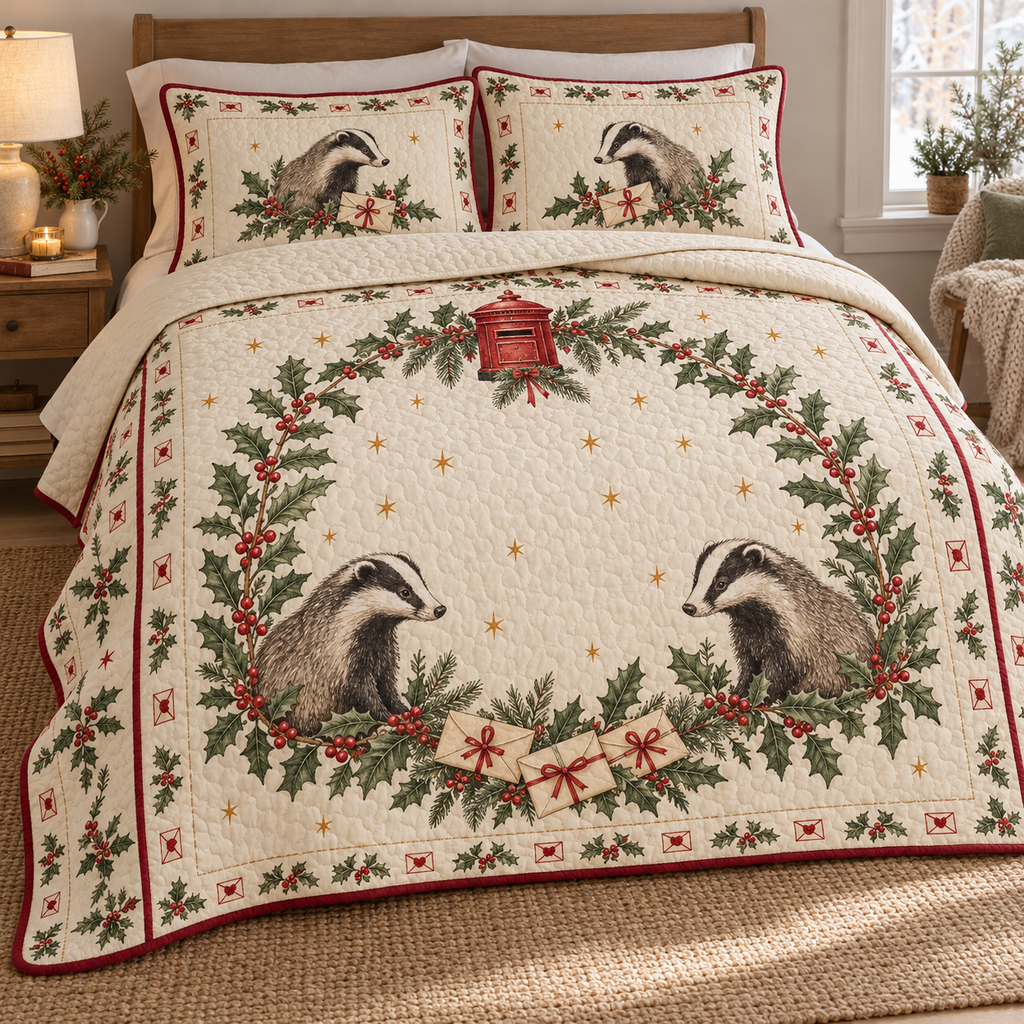 One lightweight quilt and two shams with printed badgers, holly garland, red letterbox and envelopes, cranberry binding and quilt stitching