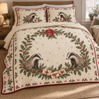 One lightweight quilt and two shams with printed badgers, holly garland, red letterbox and envelopes, cranberry binding and quilt stitching