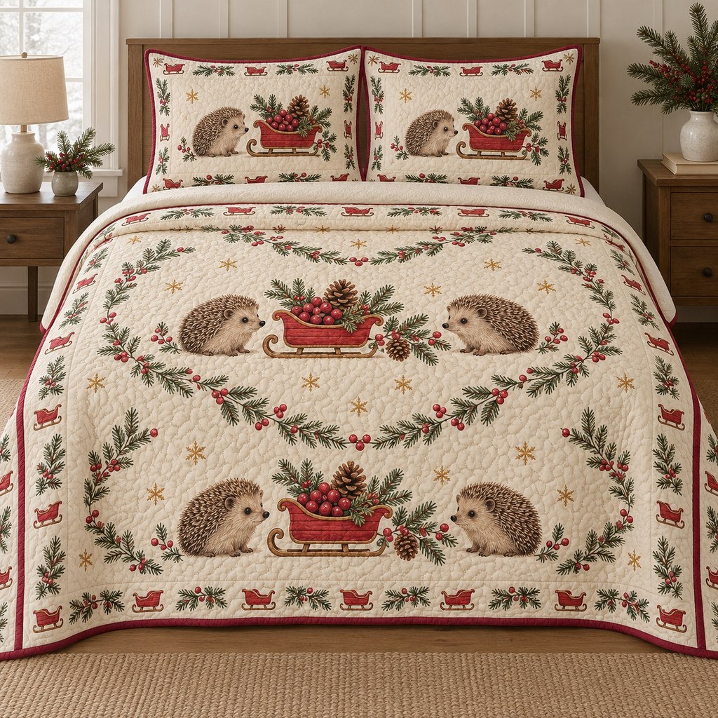 One lightweight quilt and two shams with four printed hedgehogs, red cranberry sleighs, fir garlands and visible quilting